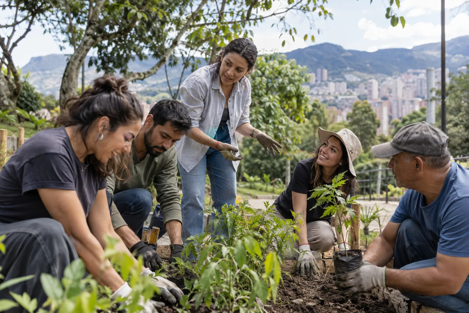 Grupo de personas trabaja junto en una actividad comunitaria al aire libre.
