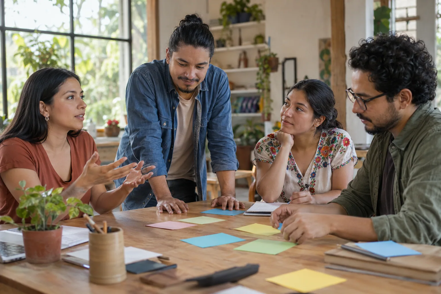 Personas adultas comparten ideas durante una actividad colaborativa.
