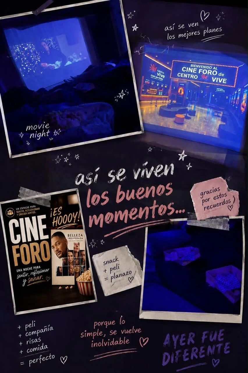 Collage con fotografías de la sala y carteles de cineforo de Centro VIVE.
