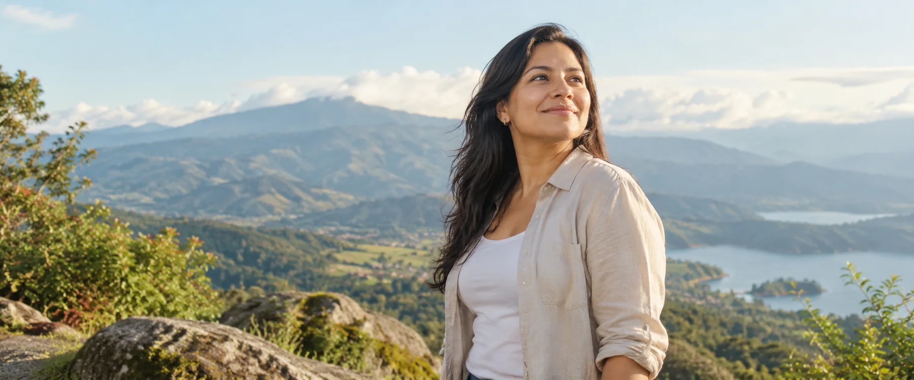 Ilustración de una mujer adulta al aire libre ante un paisaje amplio
